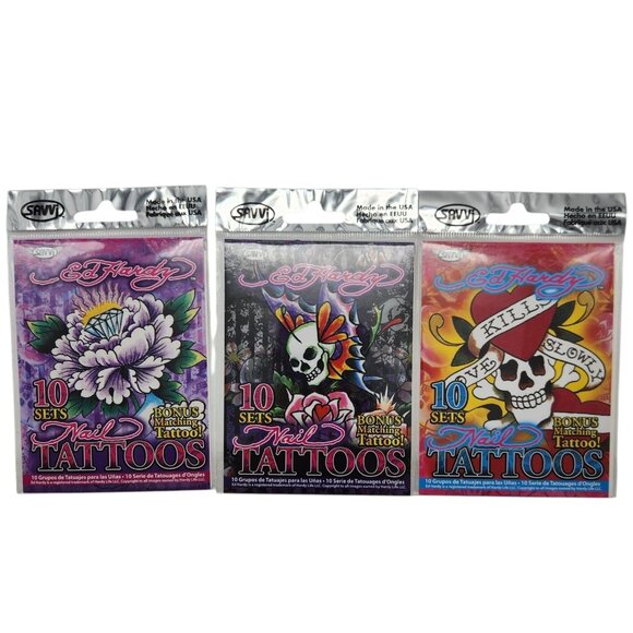 Ed Hardy Nail Tattoo Decals 3 Packages with 10 Sets and Matching Tattoo NEW - Picture 1 of 7